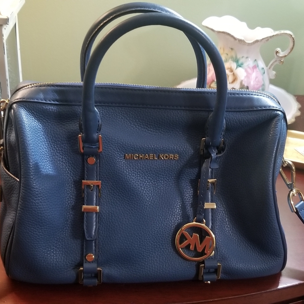 Michael Kors Bedford Legacy Pebbled Leather Satchel- Blue